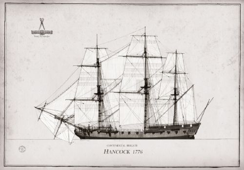 1776 Continental Frigate Hancock pen ink study by Tony Fernandes